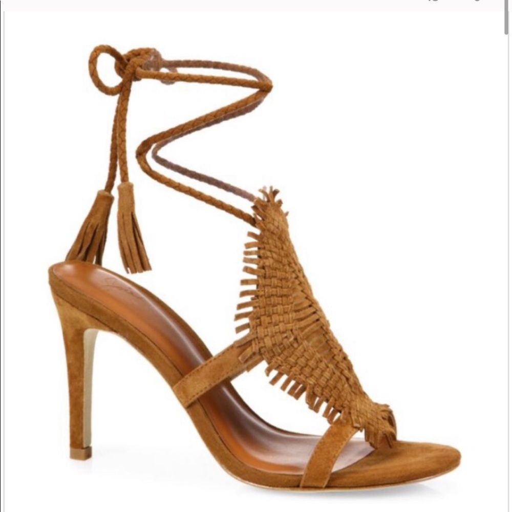 JOIE Ady Cognac Suede Ankle Wrap Boho Fringe Heel